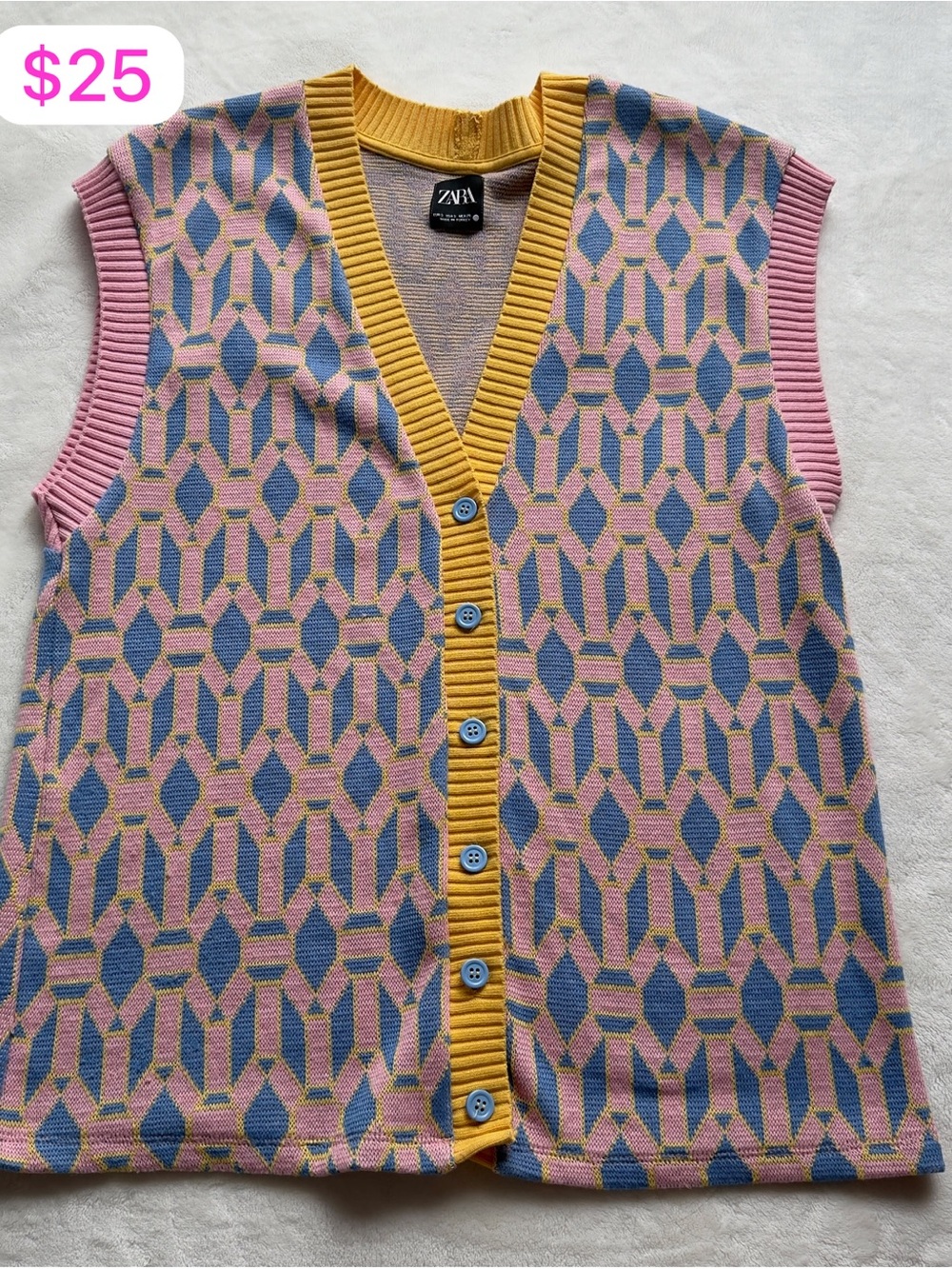 Zara Pink, Blue & Yellow Geometric Knit Button Vest